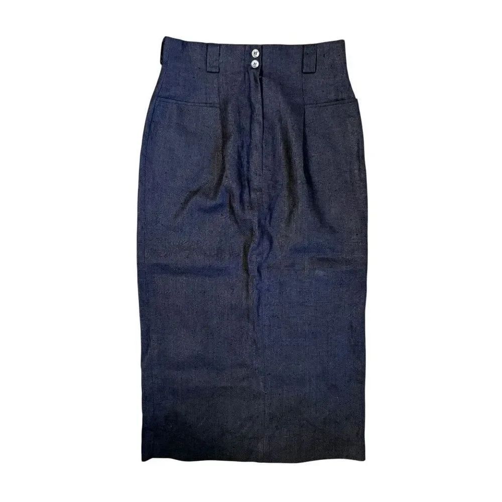 Ann Taylor Vintage Navy Linen Pencil Midi Skirt Sz. 8 Academic Preppy